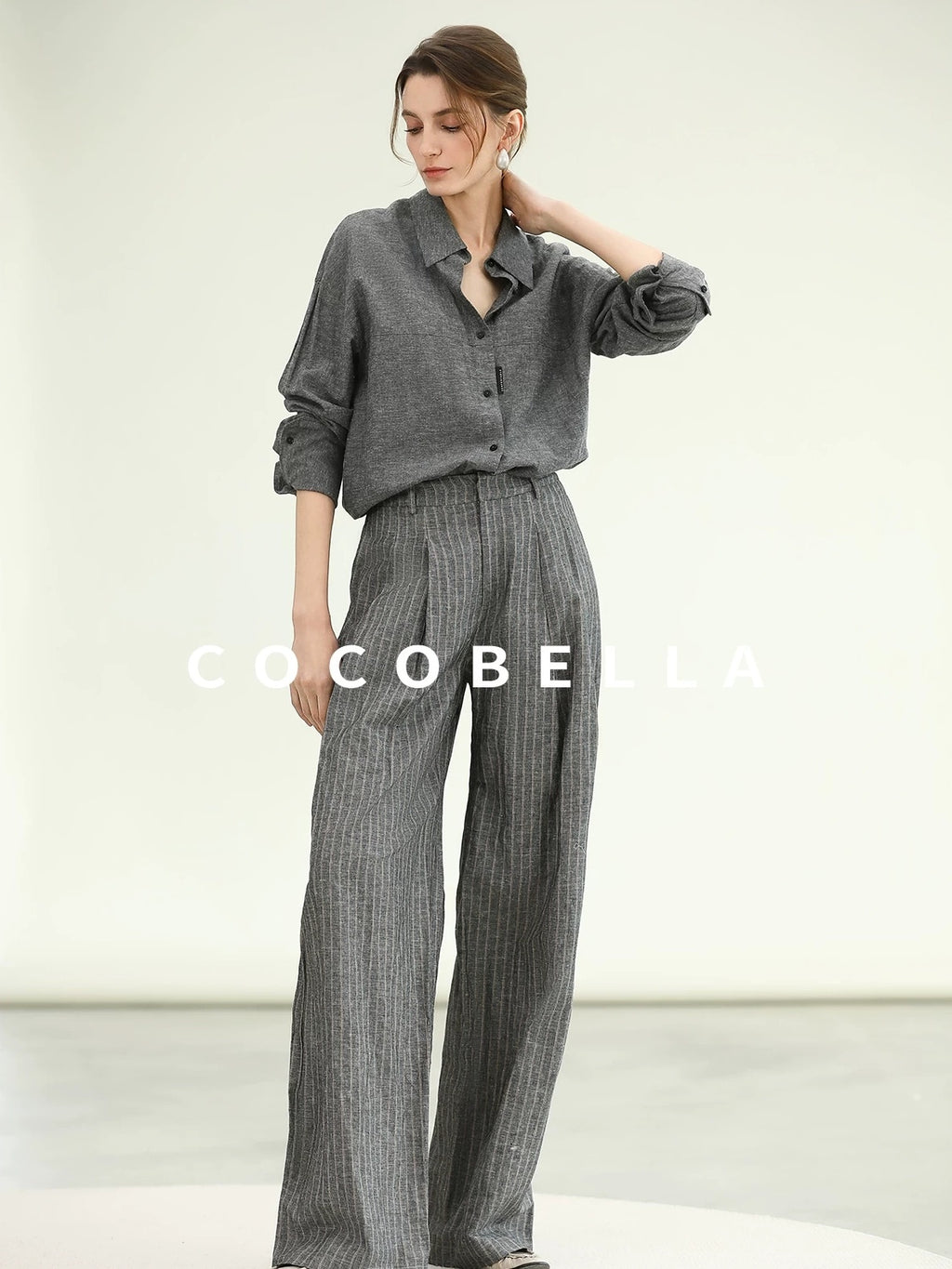 COCOBELLA Cotton Linen Blend Straight Button Collar Women Office Long Sleeve Shirts