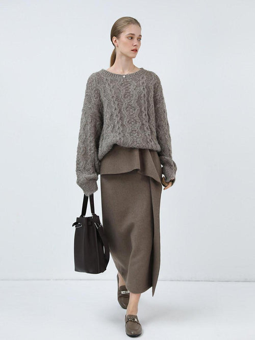 COCOBELLA Cozy Acrylic Wool Blend Commuter Loose Fit Crew Neck Women Oatmeal Gray Sweater