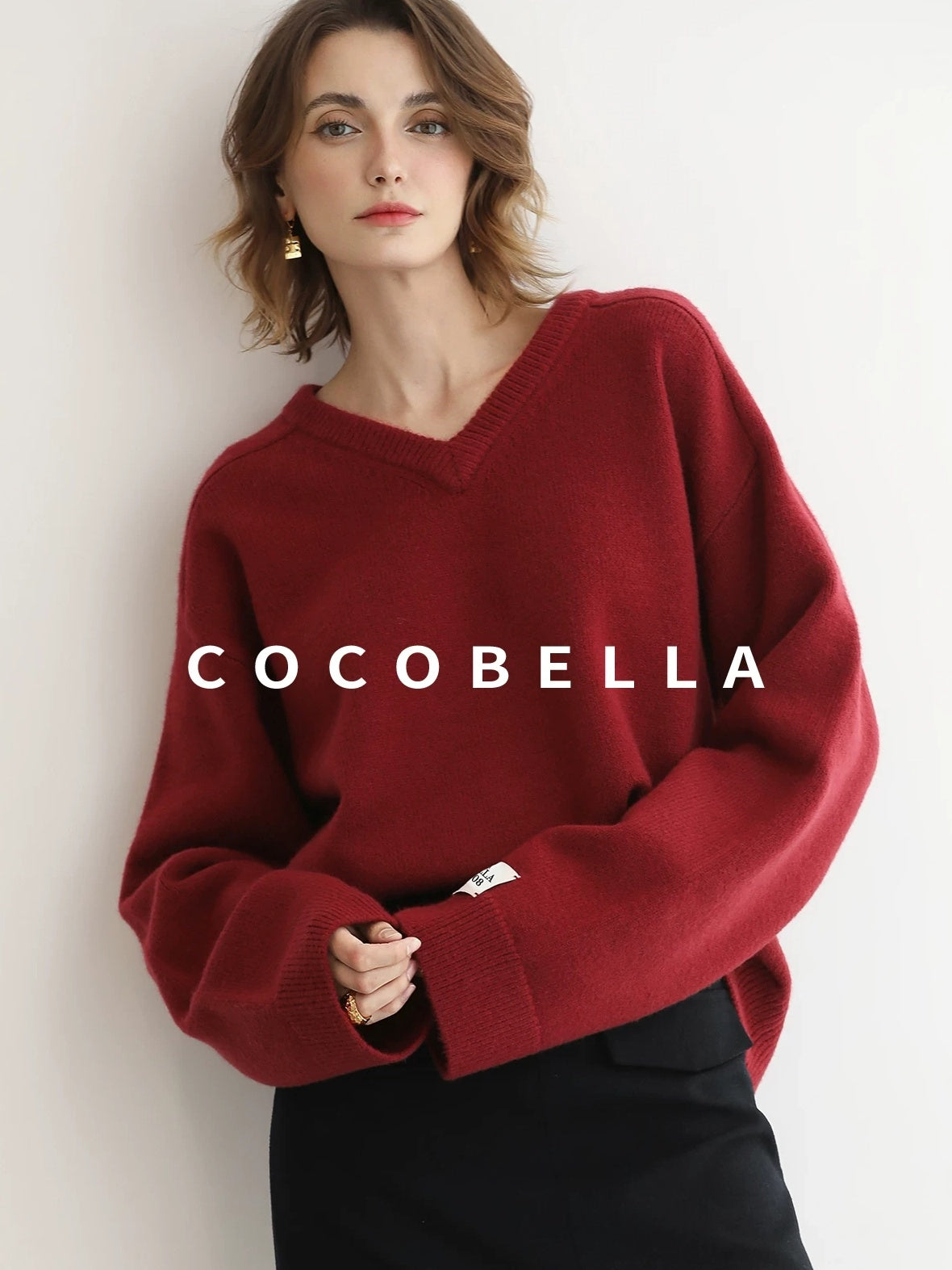 COCOBELLA Cozy Acrylic Wool Blend Relaxed Fit Commuter V Neck Knit Women Sweater