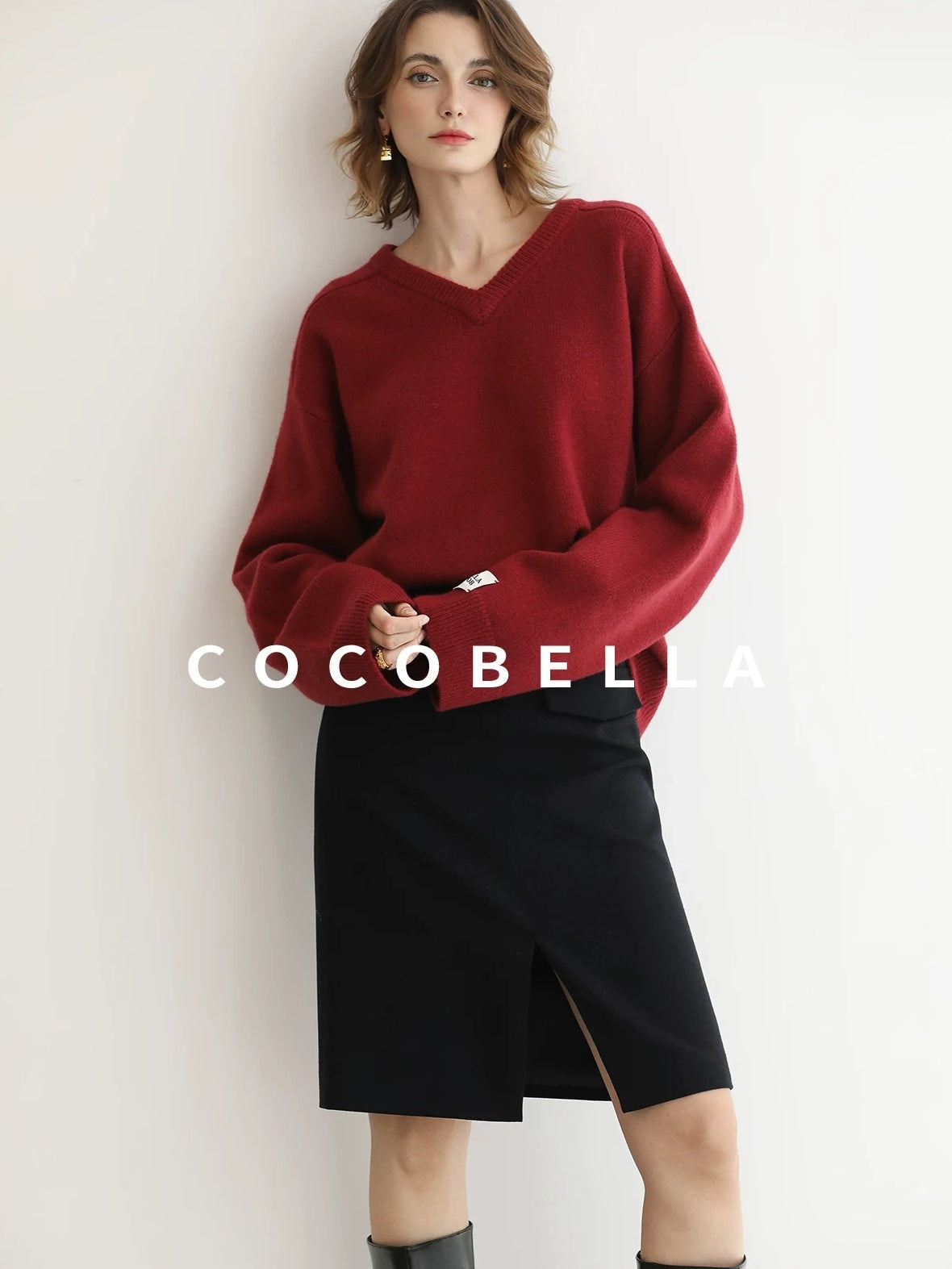 COCOBELLA Cozy Acrylic Wool Blend Relaxed Fit Commuter V Neck Knit Women Sweater