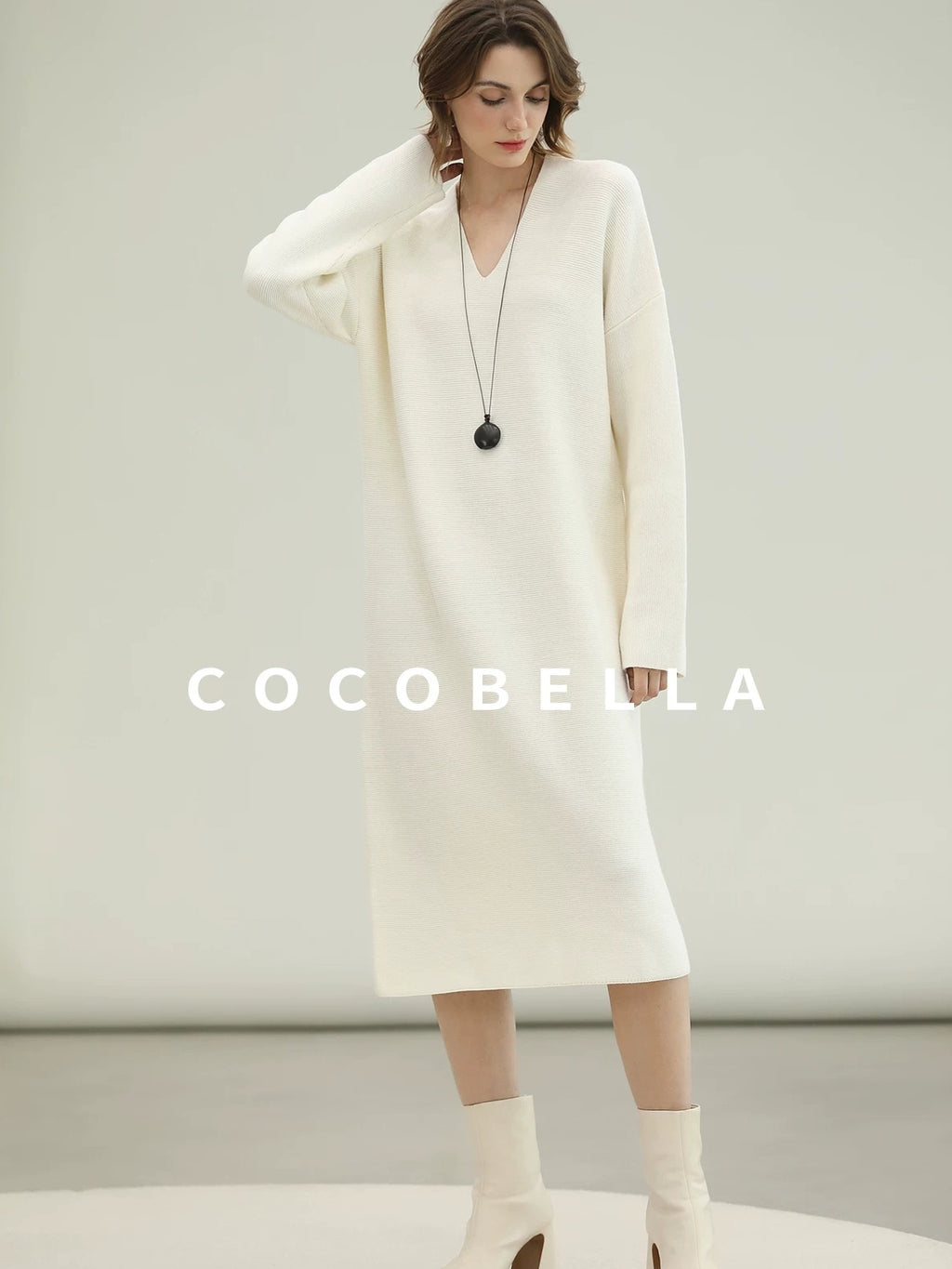 COCOBELLA Cozy Acrylic Wool Knit V Neck Drop Shoulder H Line Straight Commuter Dresses