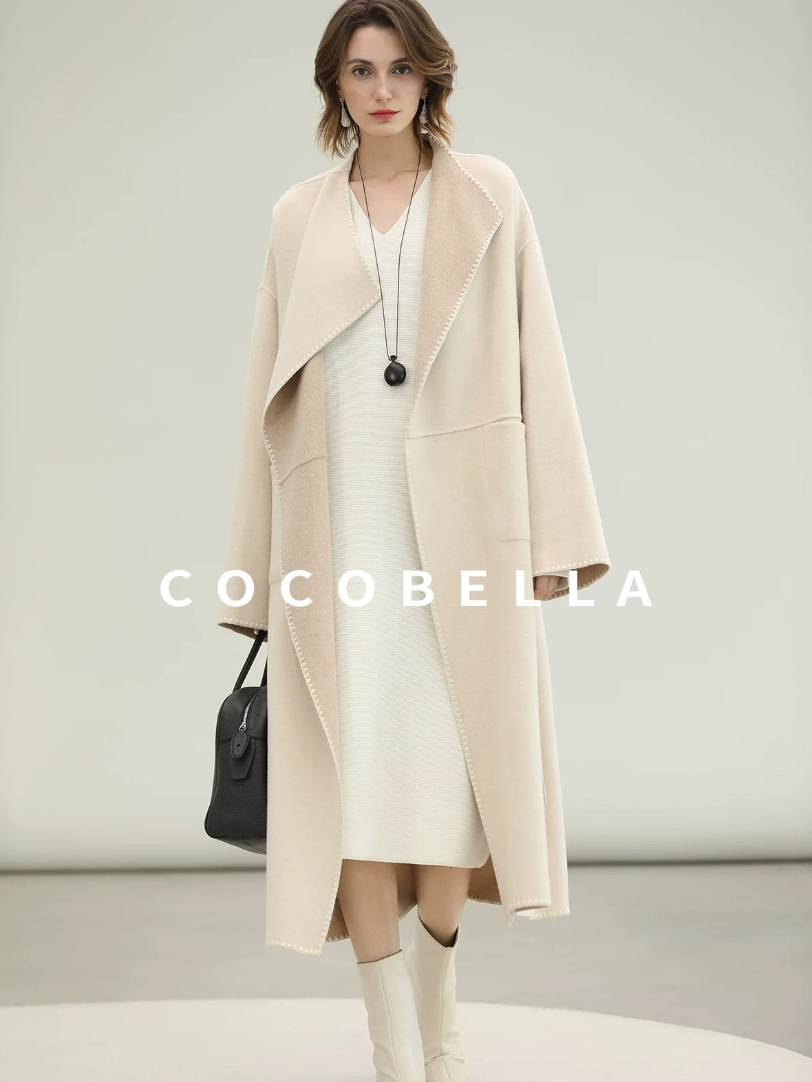 COCOBELLA Cozy Acrylic Wool Knit V Neck Drop Shoulder H Line Straight Commuter Dresses