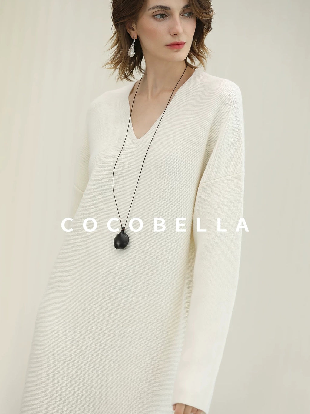 COCOBELLA Cozy Acrylic Wool Knit V Neck Drop Shoulder H Line Straight Commuter Dresses