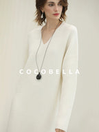 COCOBELLA Cozy Acrylic Wool Knit V Neck Drop Shoulder H Line Straight Commuter Dresses