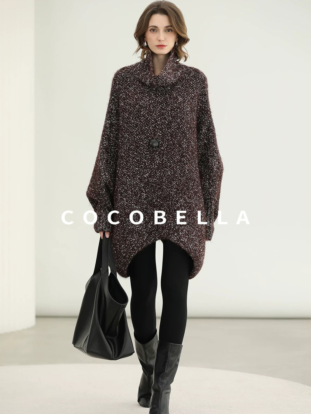 COCOBELLA Cozy High Neck Thick Knit Pullover Loose Batwing Office Midi Multicolor Dresses