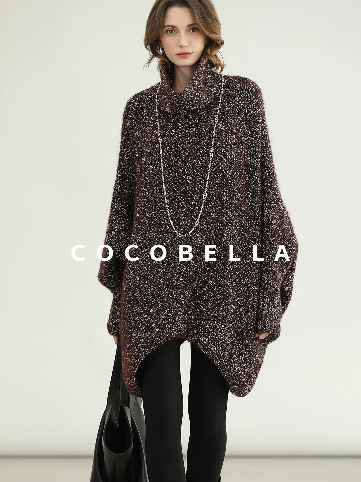 COCOBELLA Cozy High Neck Thick Knit Pullover Loose Batwing Office Midi Multicolor Dresses