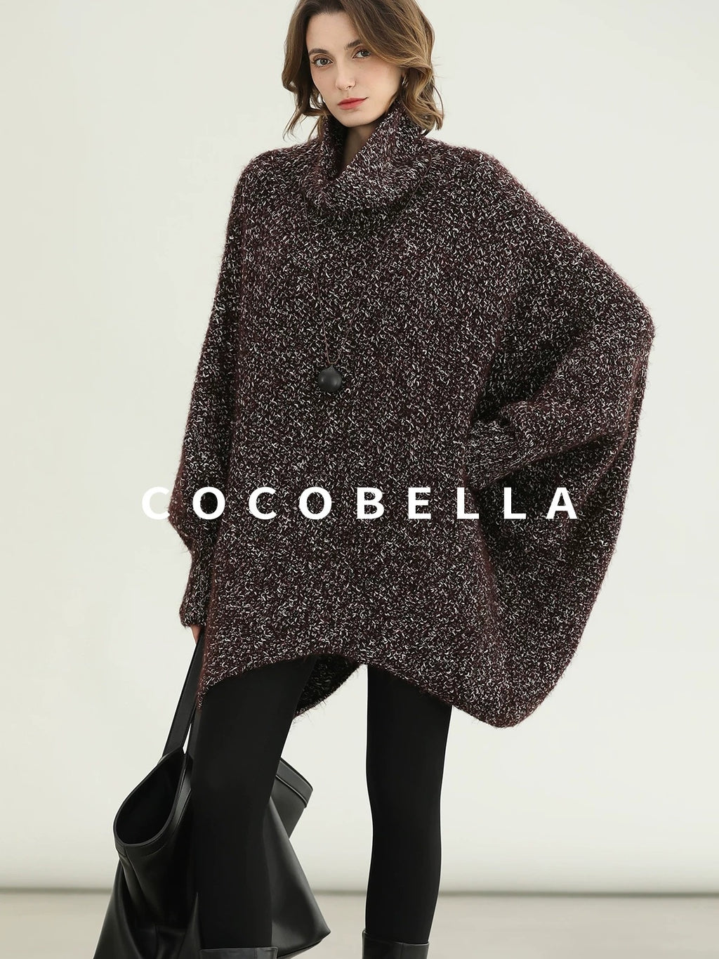 COCOBELLA Cozy High Neck Thick Knit Pullover Loose Batwing Office Midi Multicolor Dresses