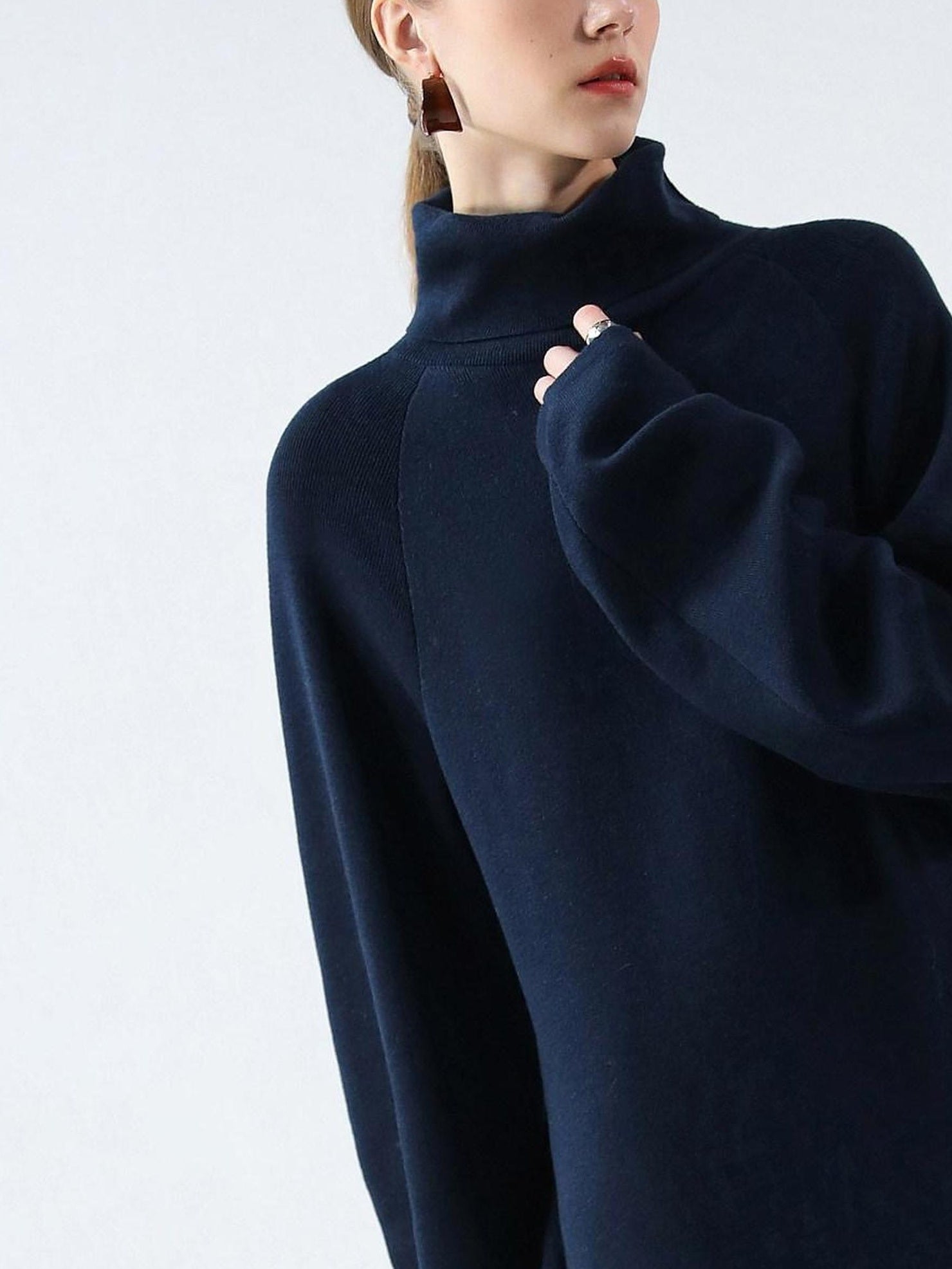 COCOBELLA Cozy Knit Office H Lantern Sleeve High Neck Loose Waist Midnight Blue Dresses