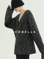 COCOBELLA Cozy Metallic V Neck Loose Mid Length Workwear Knit Panda Color Sweater