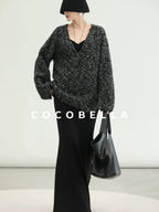 COCOBELLA Cozy Metallic V Neck Loose Mid Length Workwear Knit Panda Color Sweater