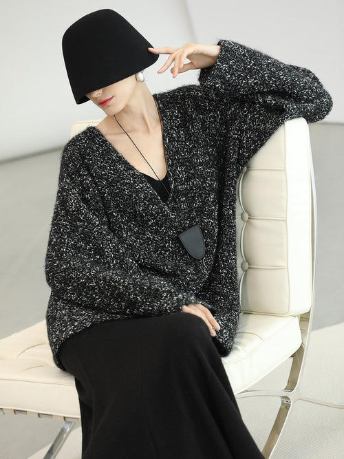 COCOBELLA Cozy Metallic V Neck Loose Mid Length Workwear Knit Panda Color Sweater
