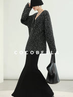 COCOBELLA Cozy Metallic V Neck Loose Mid Length Workwear Knit Panda Color Sweater