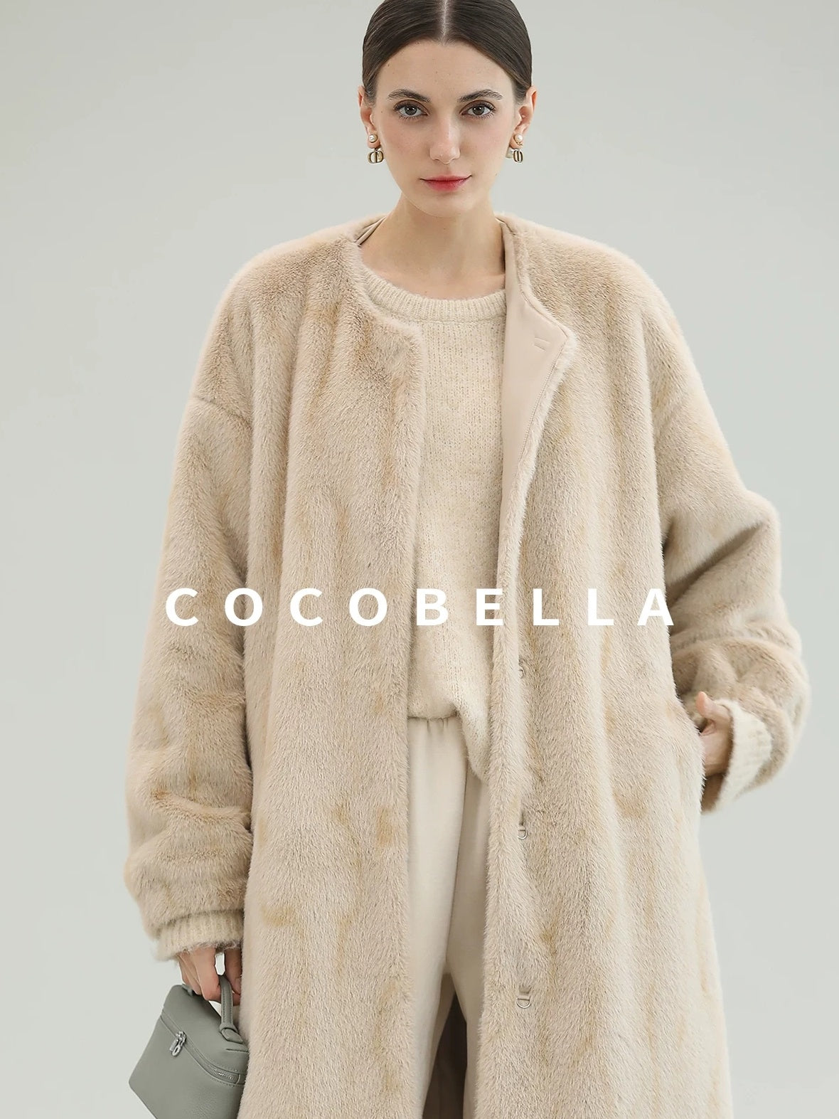 COCOBELLA Cozy Thick Loose Fit Commuter Round Neck Long Sleeve Knit Beige Women Sweater