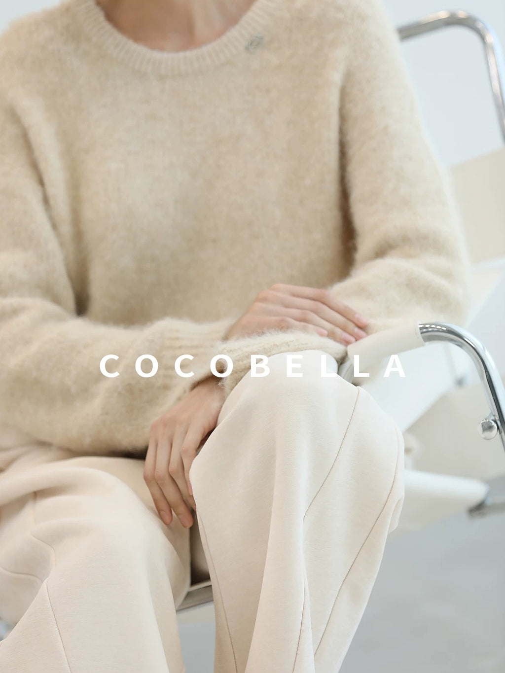 COCOBELLA Cozy Thick Loose Fit Commuter Round Neck Long Sleeve Knit Beige Women Sweater