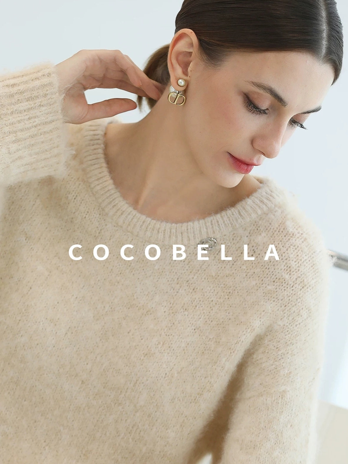 COCOBELLA Cozy Thick Loose Fit Commuter Round Neck Long Sleeve Knit Beige Women Sweater