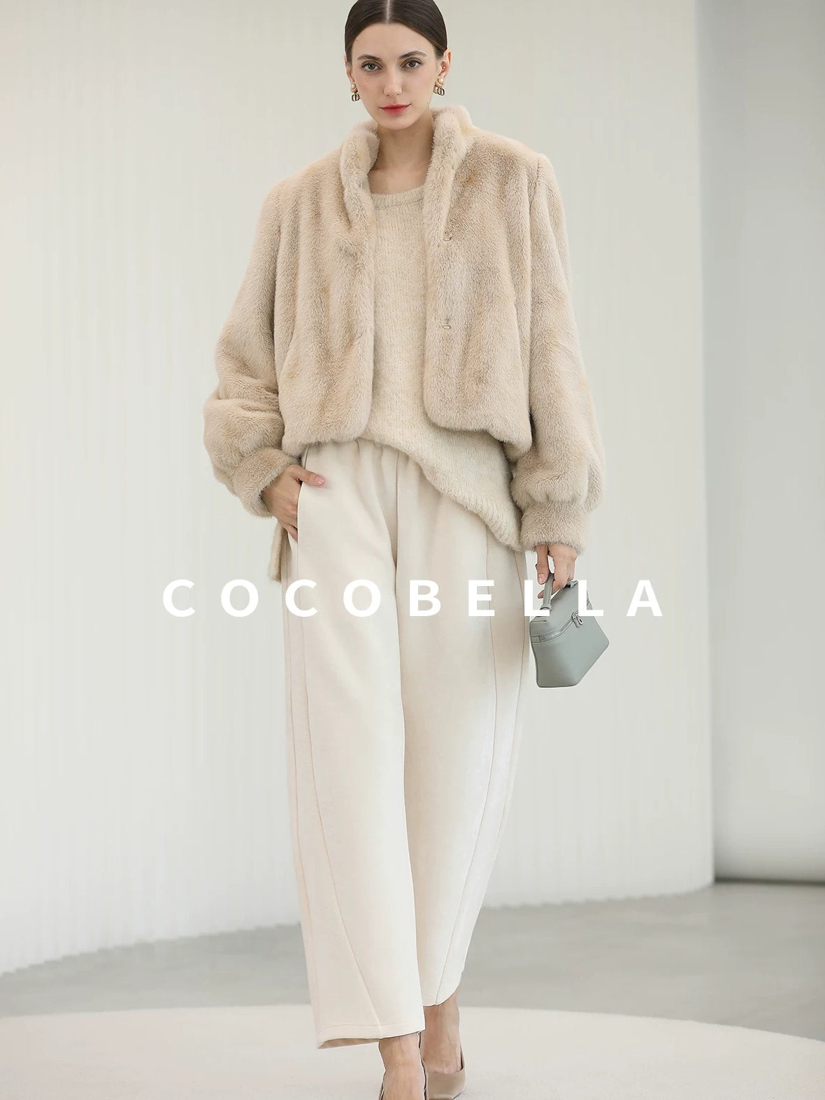 COCOBELLA Cozy Thick Loose Fit Commuter Round Neck Long Sleeve Knit Beige Women Sweater