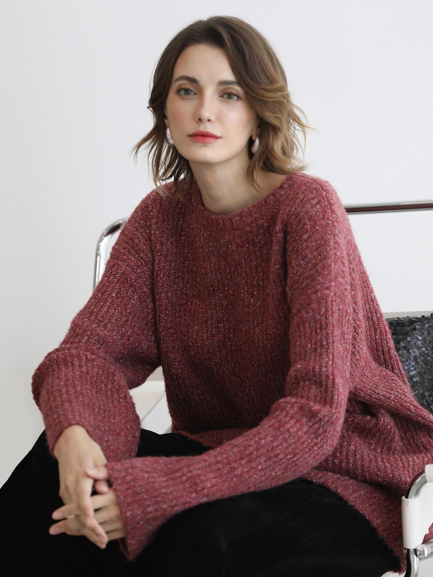 COCOBELLA Cozy Thick Marled Knit Loose Fit Workwear Crew Neck Women Berry Sweater