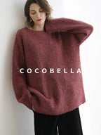 COCOBELLA Cozy Thick Marled Knit Loose Fit Workwear Crew Neck Women Berry Sweater