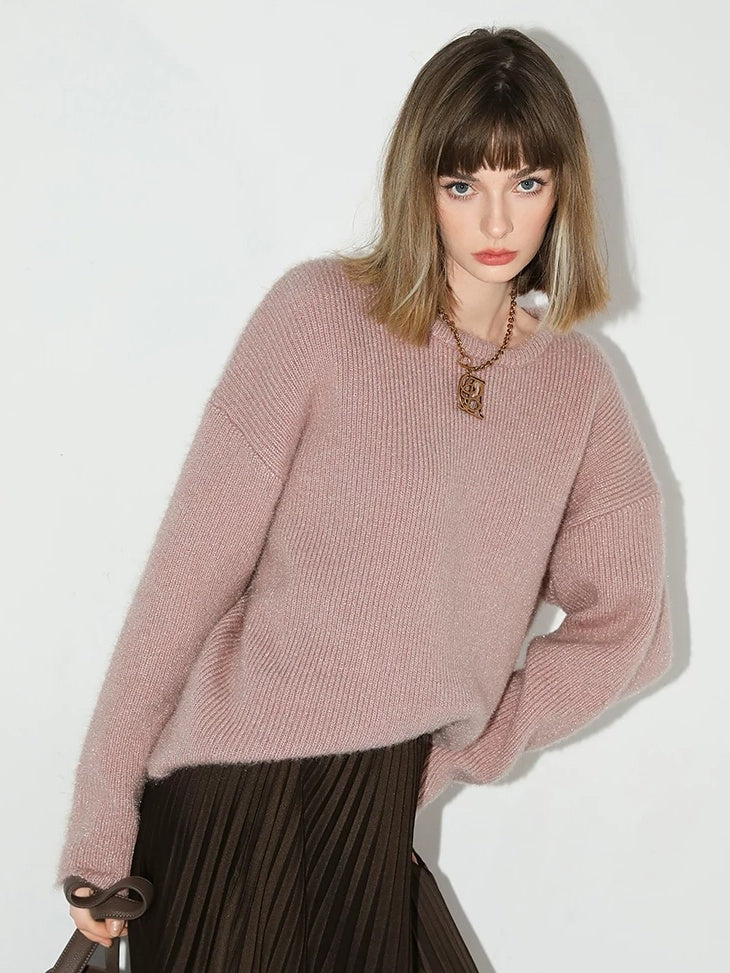 COCOBELLA Cozy Thick Pullover Sweet Straight Fit Crew Neck Blush Pink Knit Sweater