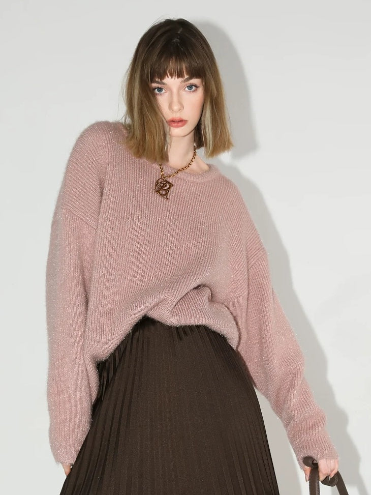 COCOBELLA Cozy Thick Pullover Sweet Straight Fit Crew Neck Blush Pink Knit Sweater