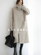 COCOBELLA Cozy Wool Blend Relaxed Fit Stand Collar Long Zipper Pocket Office Oatmeal Coats