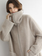 COCOBELLA Cozy Wool Blend Relaxed Fit Stand Collar Long Zipper Pocket Office Oatmeal Coats