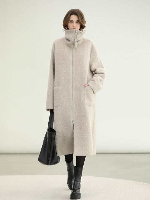 COCOBELLA Cozy Wool Blend Relaxed Fit Stand Collar Long Zipper Pocket Office Oatmeal Coats