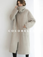 COCOBELLA Cozy Wool Blend Relaxed Fit Stand Collar Long Zipper Pocket Office Oatmeal Coats