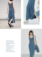 COCOBELLA Denim Blue Patchwork Street Straight U Neck Sleeveless Office Slip Dresses