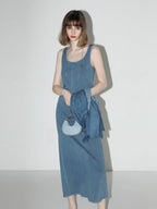 COCOBELLA Denim Blue Patchwork Street Straight U Neck Sleeveless Office Slip Dresses