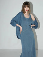 COCOBELLA Denim Blue Patchwork Street Straight U Neck Sleeveless Office Slip Dresses