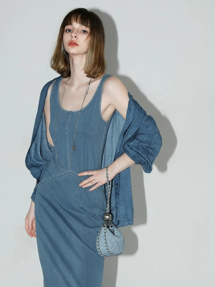 COCOBELLA Denim Blue Patchwork Street Straight U Neck Sleeveless Office Slip Dresses