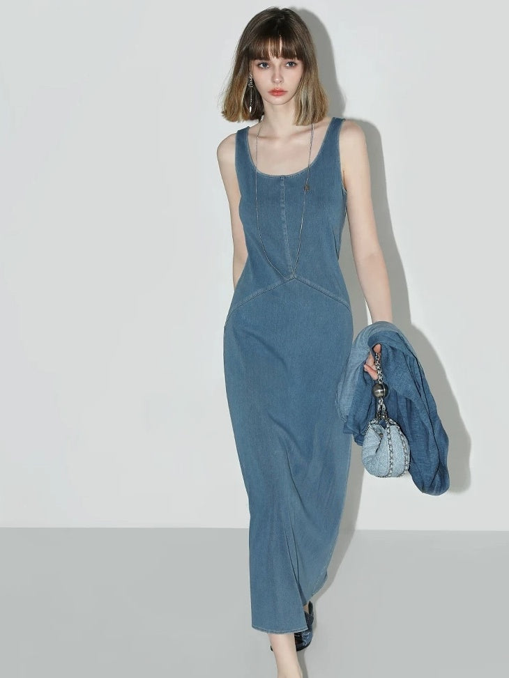 COCOBELLA Denim Blue Patchwork Street Straight U Neck Sleeveless Office Slip Dresses