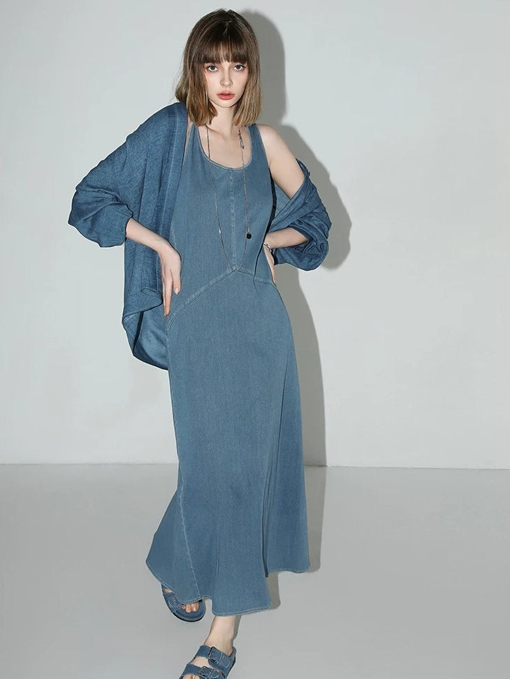 COCOBELLA Denim Blue Patchwork Street Straight U Neck Sleeveless Office Slip Dresses