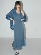 COCOBELLA Denim Blue Patchwork Street Straight U Neck Sleeveless Office Slip Dresses