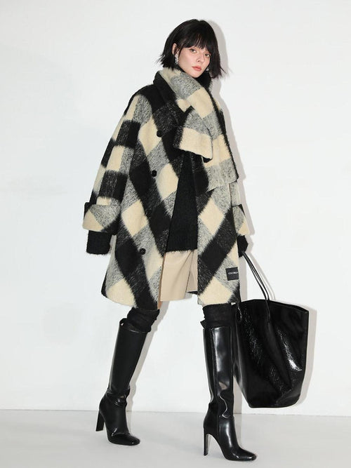 COCOBELLA Detachable Scarf Collar British Commuter Straight Midlength Plaid Coats