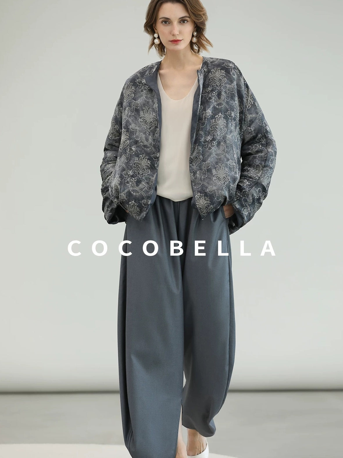 COCOBELLA Double Faced 90 White Duck Down Straight Ol Floral Pleated City Down Jackets