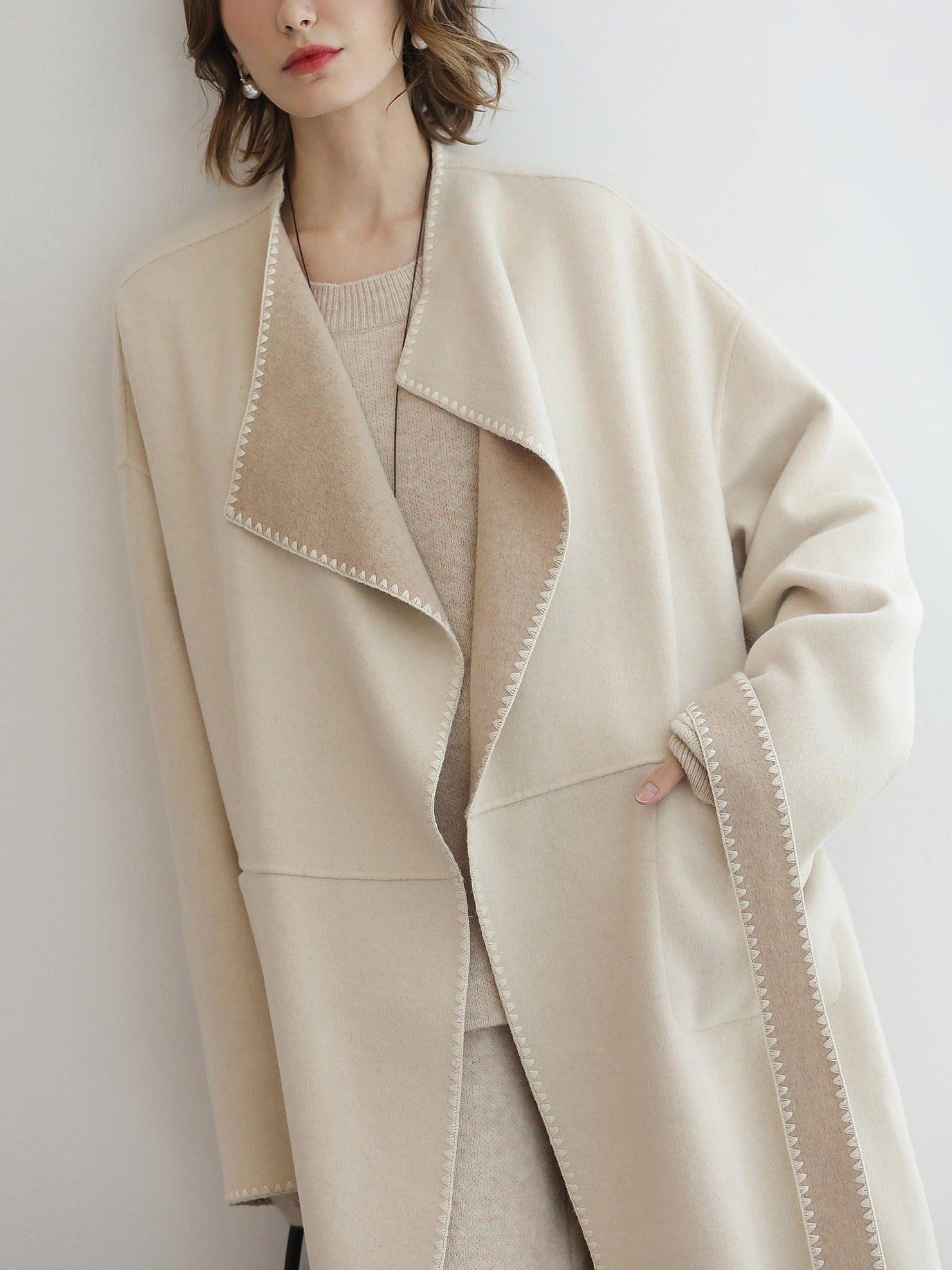 COCOBELLA Double Faced Wool Shell Embroidery Straight Long Tie Ol Commuter Beige Coats