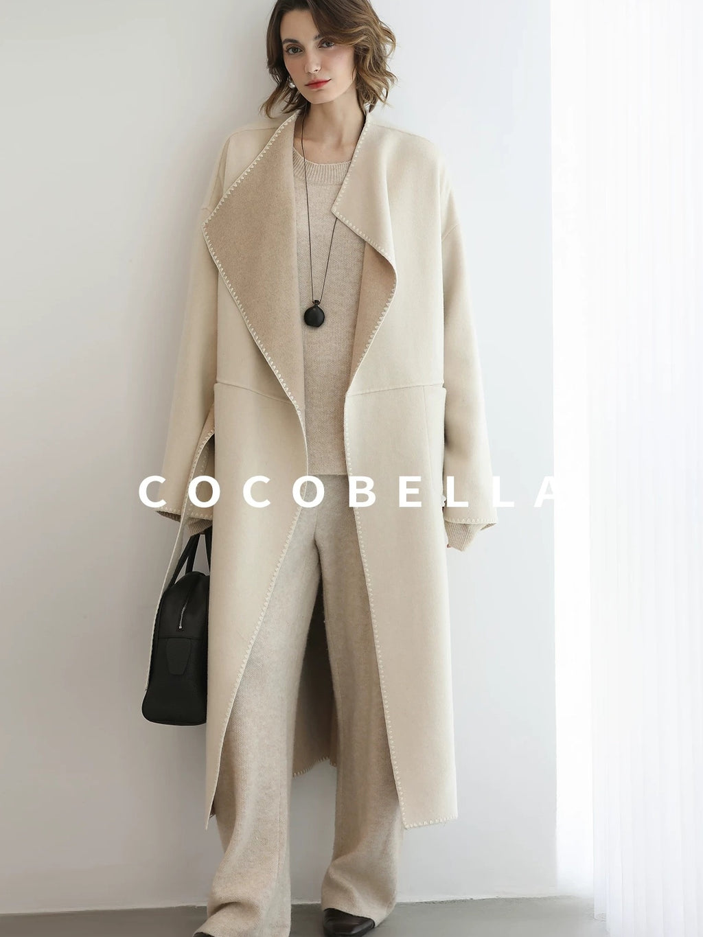 COCOBELLA Double Faced Wool Shell Embroidery Straight Long Tie Ol Commuter Beige Coats