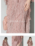 COCOBELLA Elegant 3D Embellished Asymmetric A Line Mid Waist Rose Pink Pleated Maxi Skirts