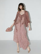 COCOBELLA Elegant 3D Embellished Asymmetric A Line Mid Waist Rose Pink Pleated Maxi Skirts