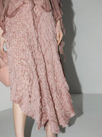 COCOBELLA Elegant 3D Embellished Asymmetric A Line Mid Waist Rose Pink Pleated Maxi Skirts