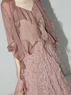 COCOBELLA Elegant 3D Embellished Asymmetric A Line Mid Waist Rose Pink Pleated Maxi Skirts