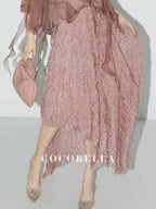 COCOBELLA Elegant 3D Embellished Asymmetric A Line Mid Waist Rose Pink Pleated Maxi Skirts