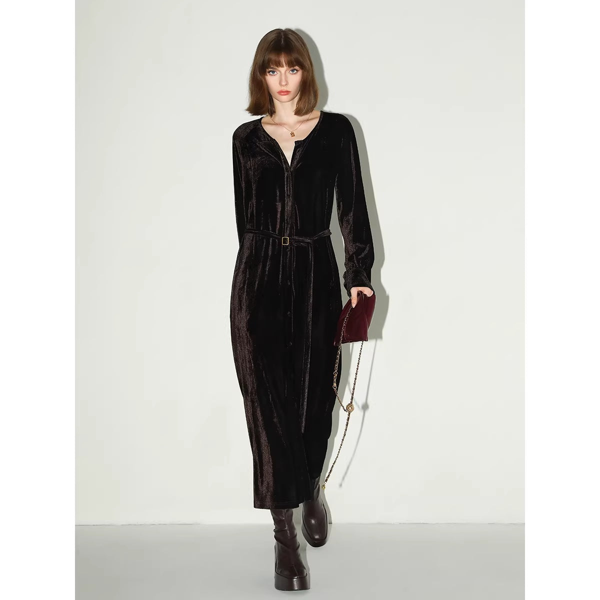 COCOBELLA_Elegant_Belted_Button_Lantern_Sleeves_Round_Neck_Office_Shirtdress_Shirts_MISSTT