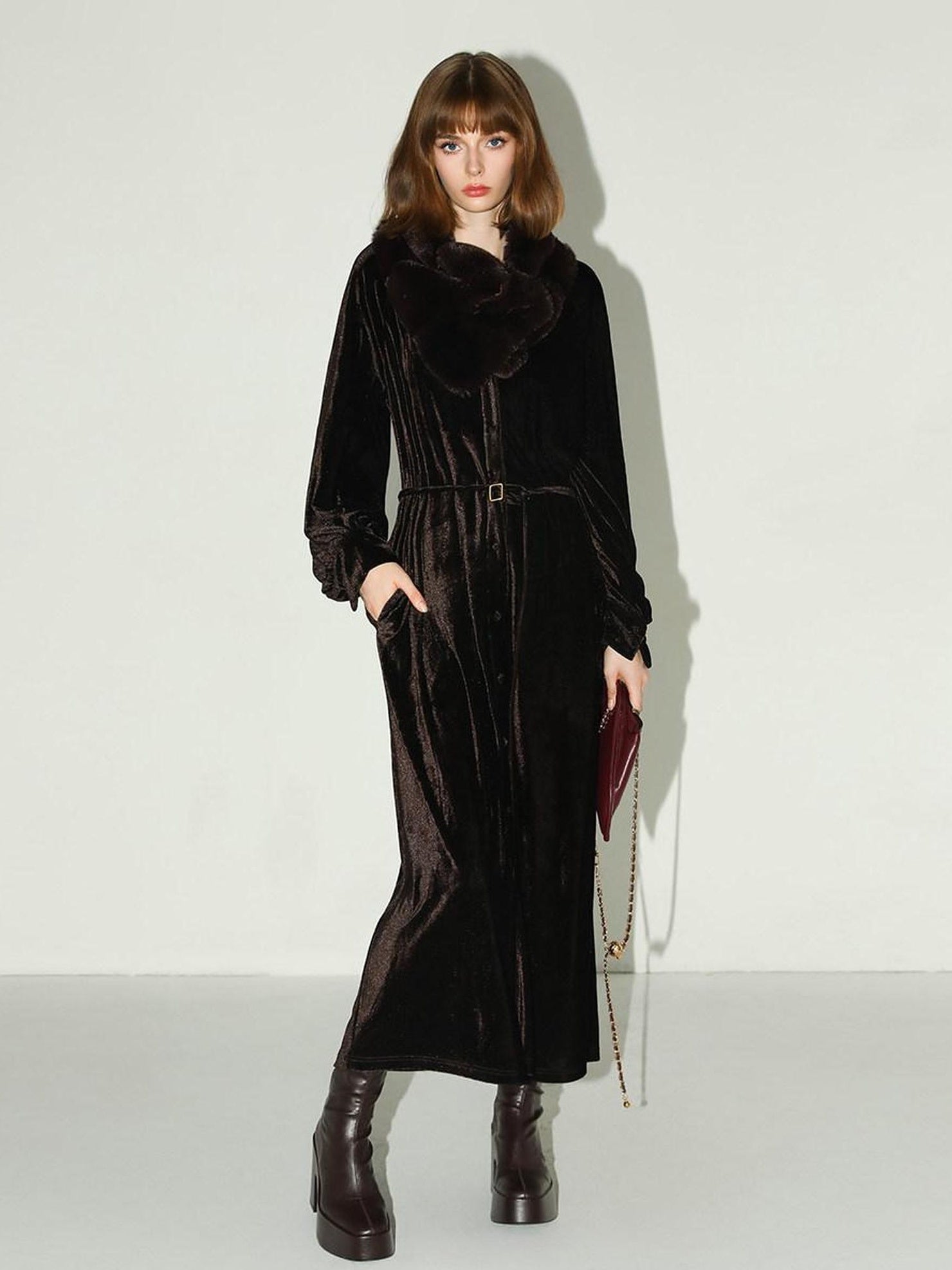 COCOBELLA Elegant Belted Button Lantern Sleeves Round Neck Office Shirtdress Shirts