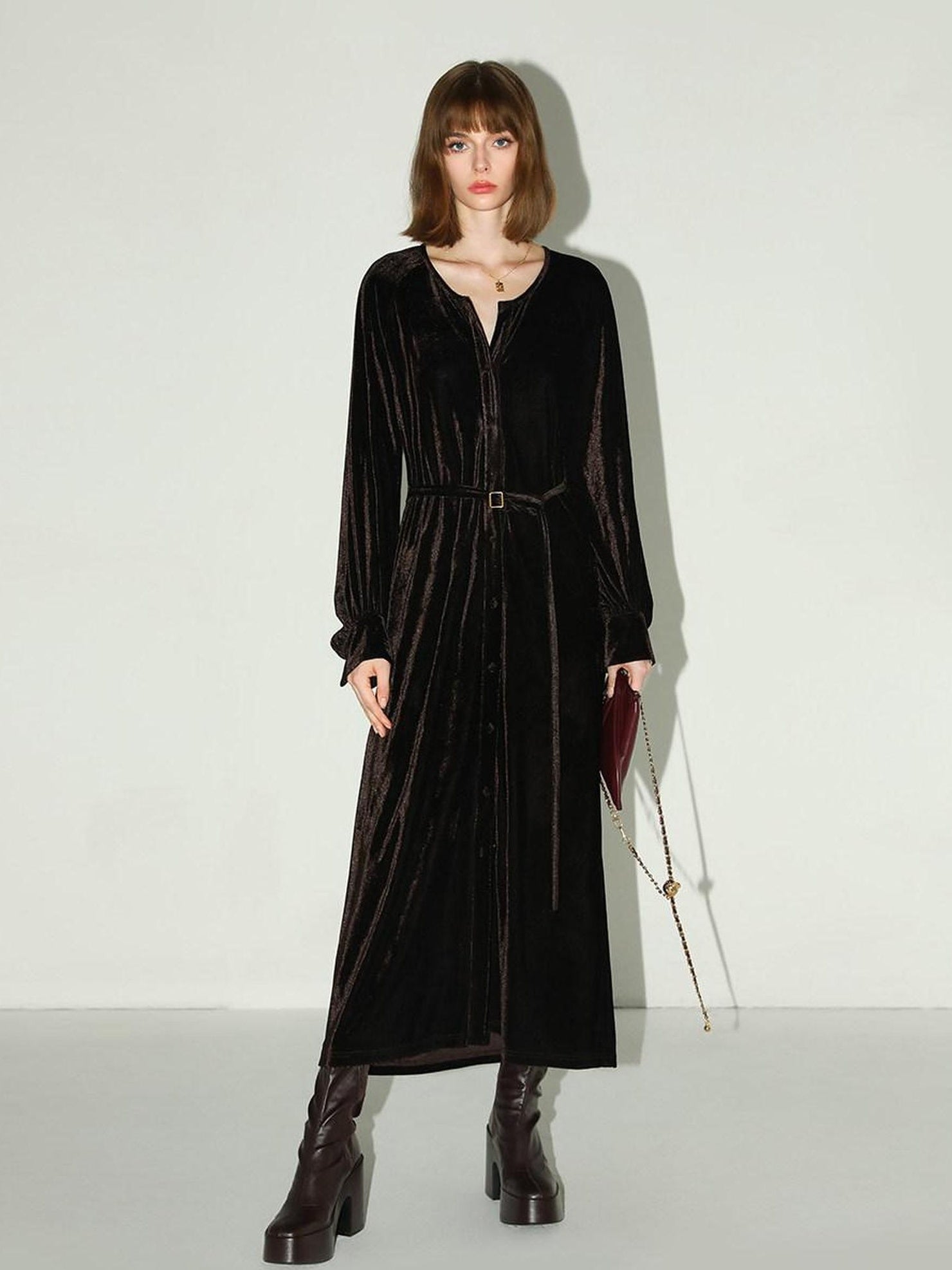 COCOBELLA Elegant Belted Button Lantern Sleeves Round Neck Office Shirtdress Shirts