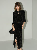 COCOBELLA Elegant Black Gold Lace Patchwork New Chinese Style Slim Mid Waist Midi Skirts