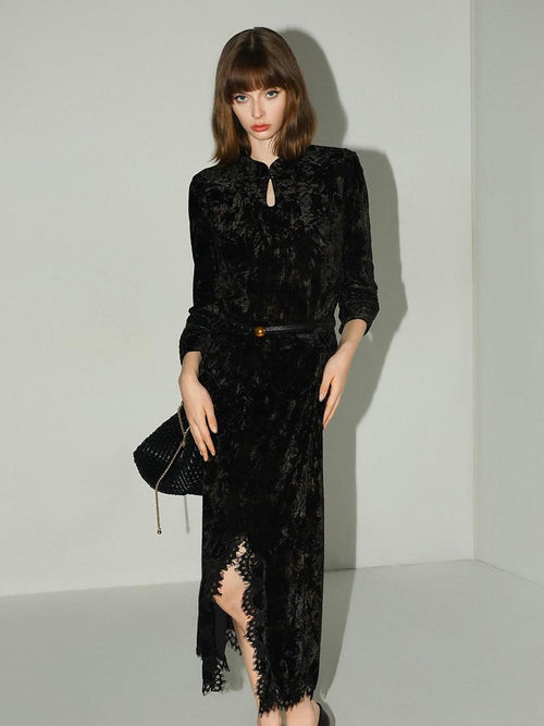 COCOBELLA Elegant Black Gold Lace Patchwork New Chinese Style Slim Mid Waist Midi Skirts