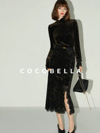 COCOBELLA Elegant Black Gold Lace Patchwork New Chinese Style Slim Mid Waist Midi Skirts